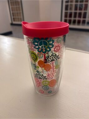 Retired Kids Travel Tumbler with Pink Lid and Colorful Peace Flower Print